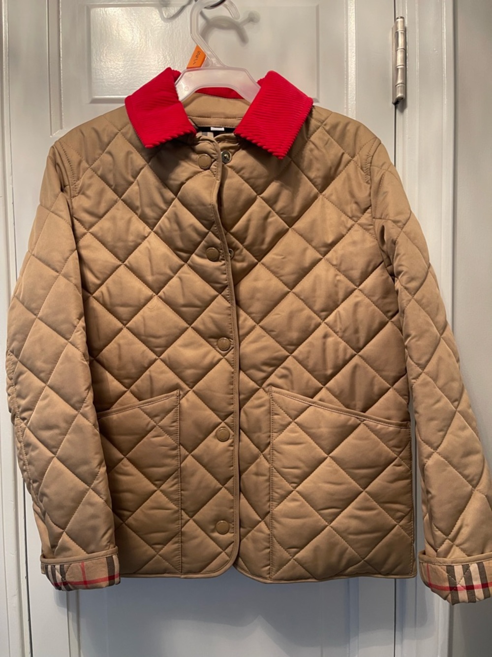 Burberry Quilted Tan Puffer Jacket with Red Corduroy Collar - Kids